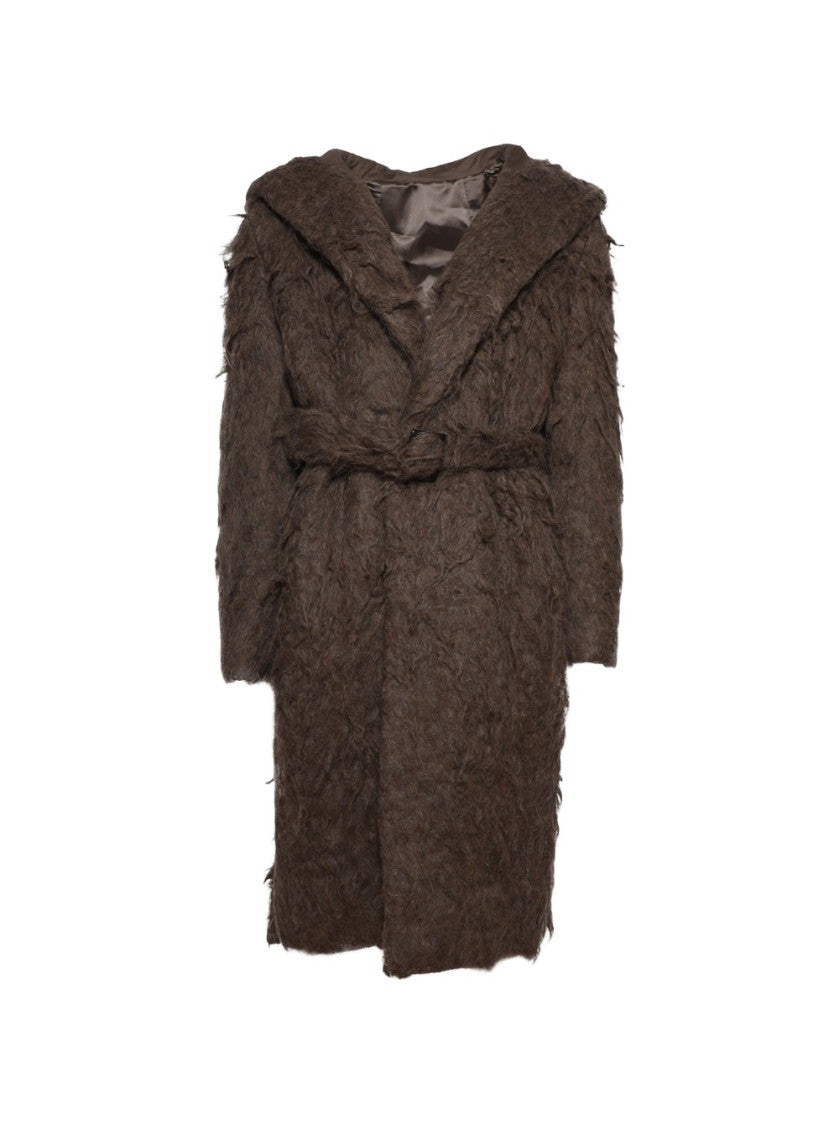 Rick Owens Slim Belted Hooded Coat Fawn