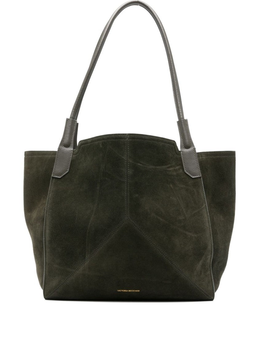 Victoria Beckham Structured Green Suede Tote With Gold Embossed Logo