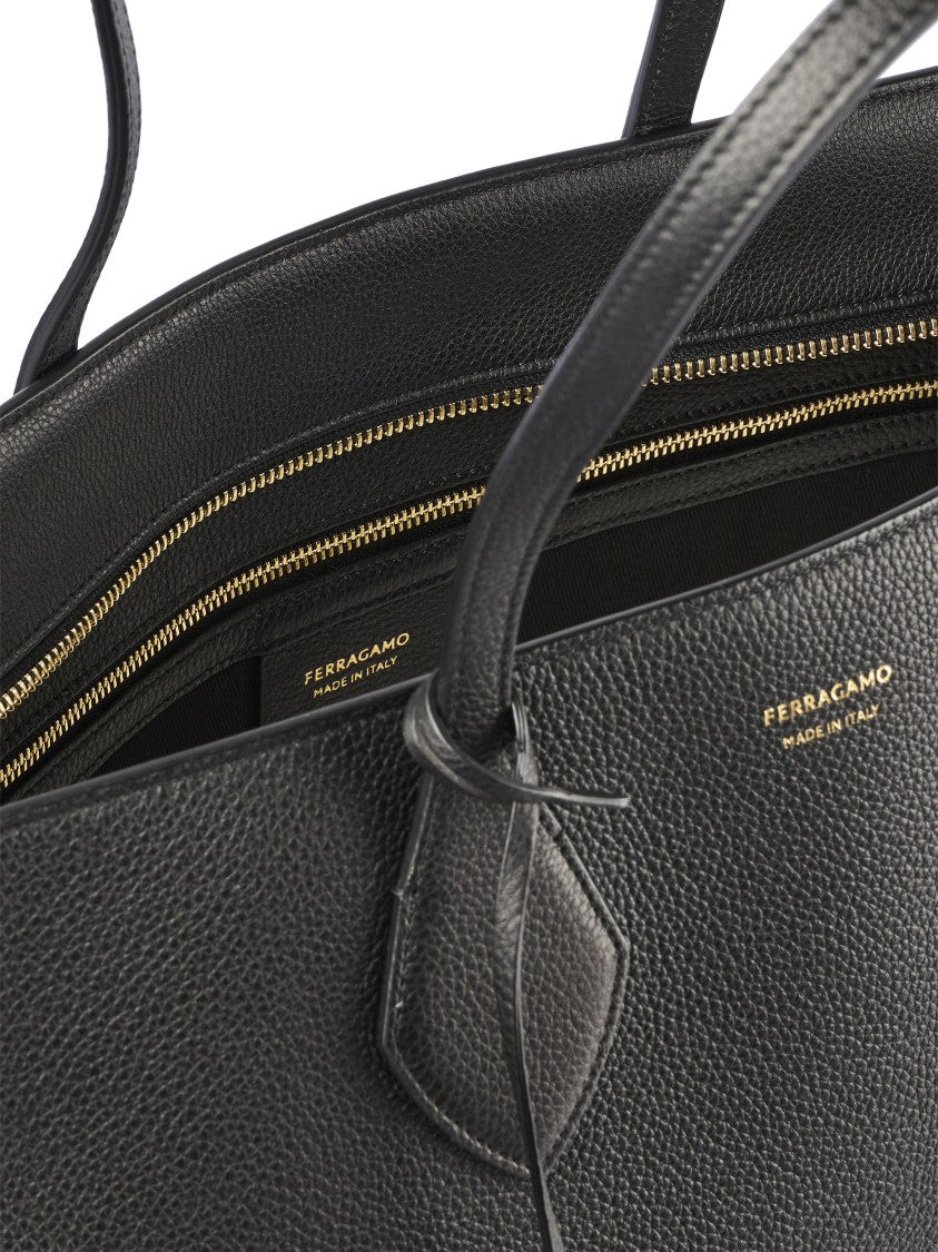 Ferragamo Structured Pebbled Leather Tote With Gold Details