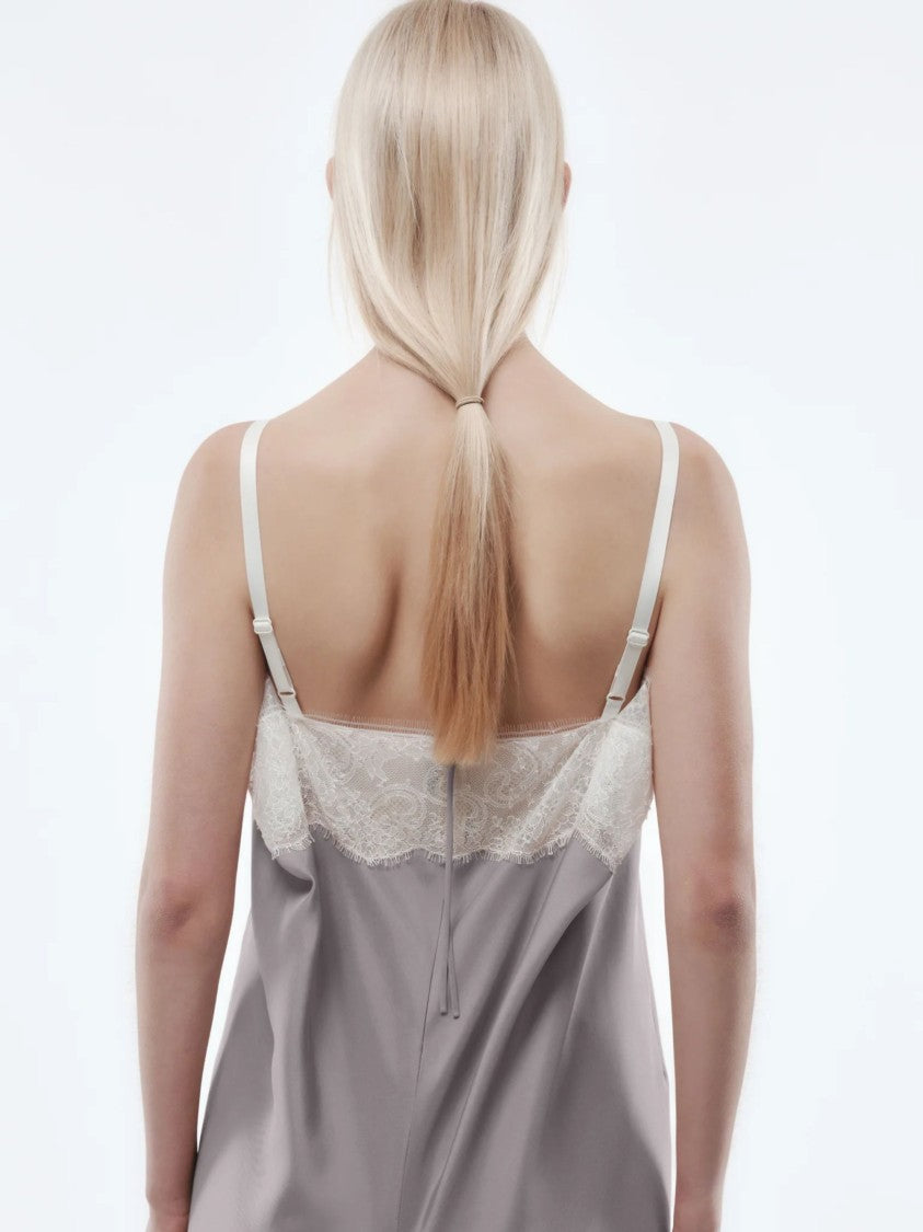 Carven Grey Lace Accent Silk Midi Dress