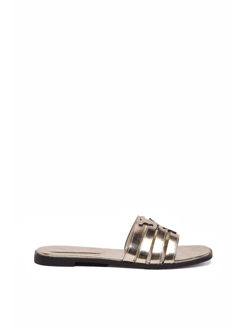 Tory Burch Gold Metallic Ines Cage Leather Slide Sandals