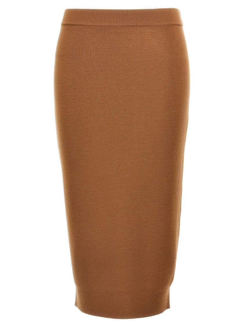 Saint Laurent Form-Fitting Brown Stretch Wool Knit Pencil Skirt