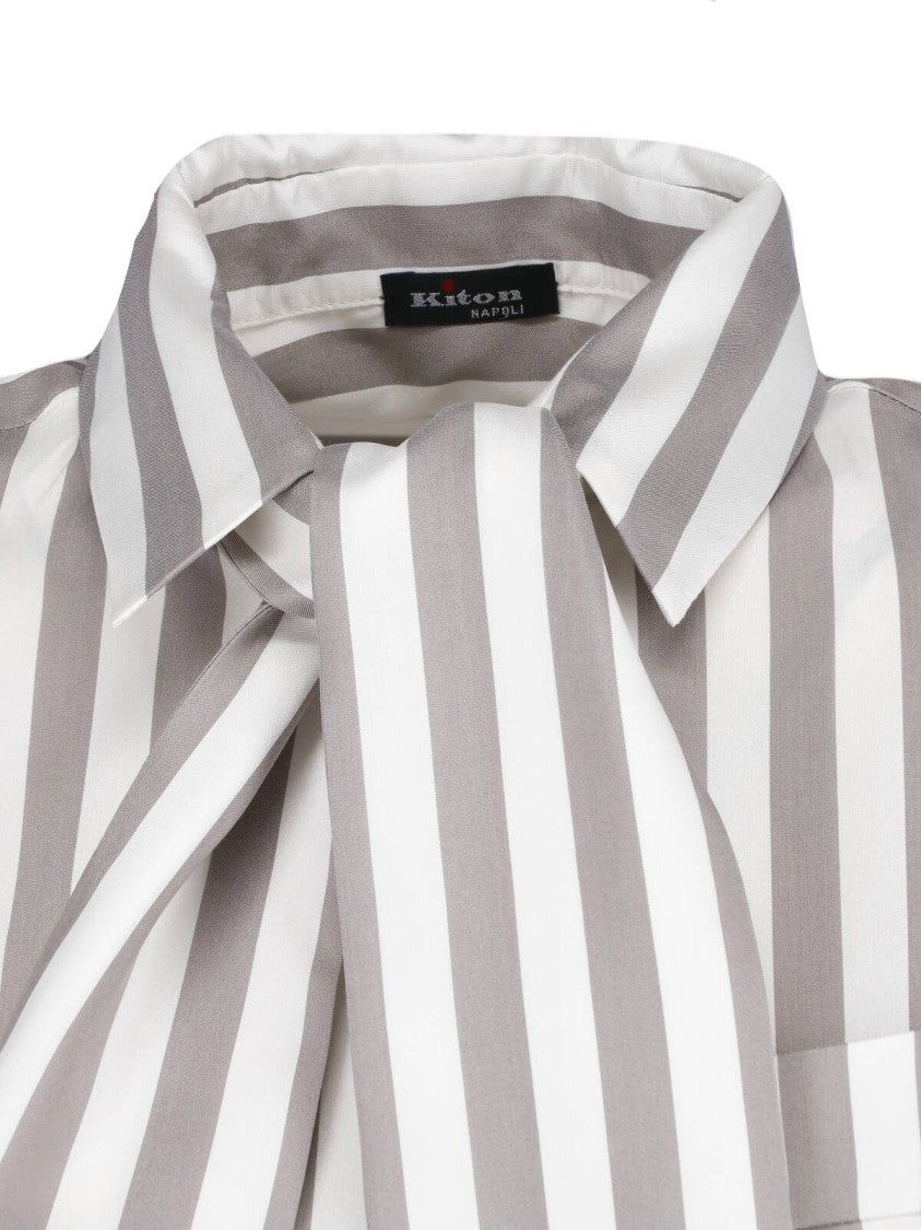 Kiton Beige Silk Striped Classic Collar Shirt