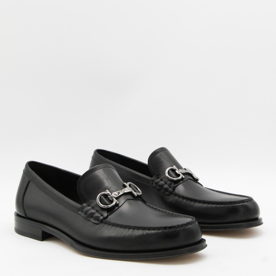 Ferragamo Classic Black Leather Loafers With Silver-Toned Bit Detail