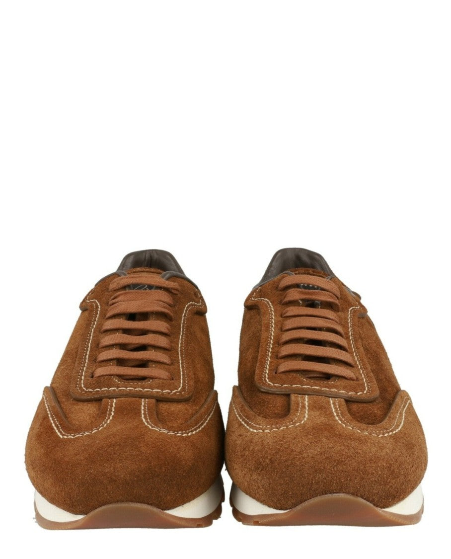 Brioni Brown Suede Runner Sneakers With Lace-Up Closure And Contrast Stitching