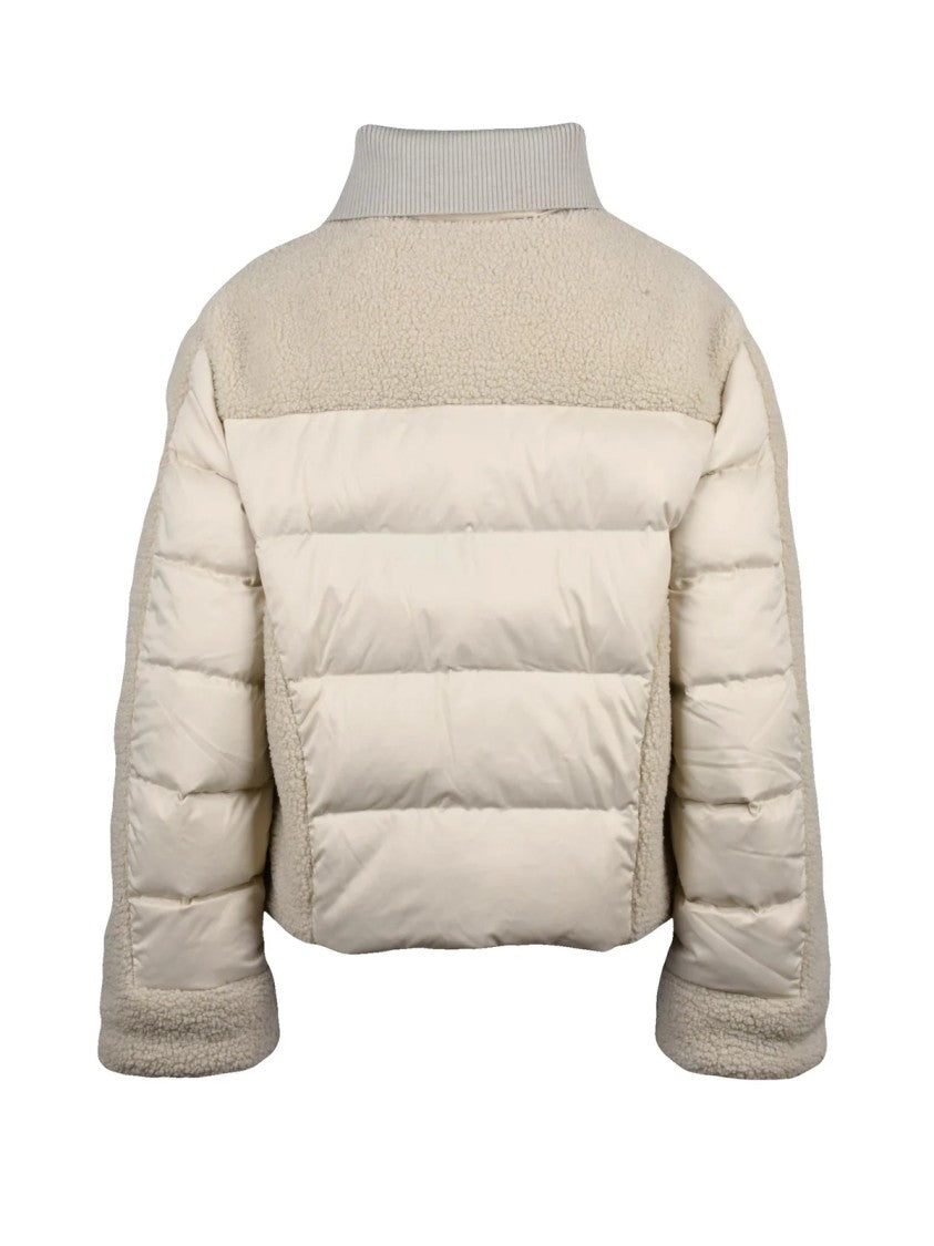 Add Cropped Beige Down Jacket With Textured Fleece And Quilted Panels