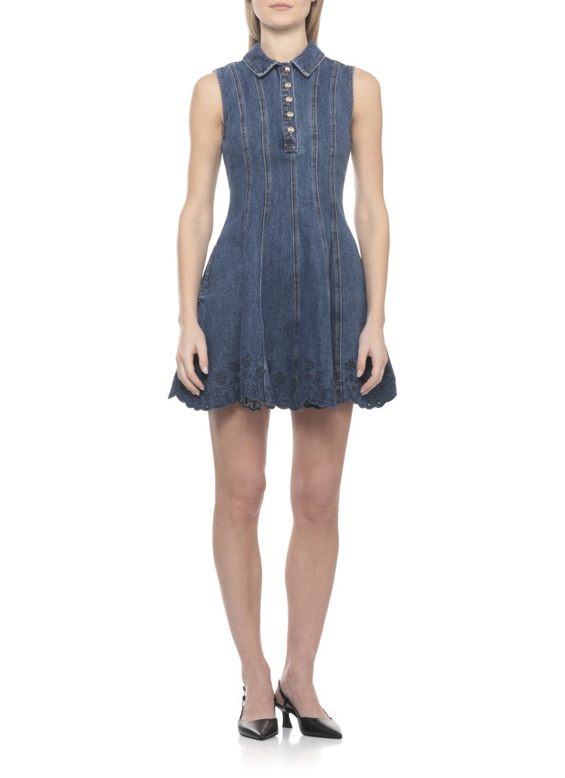Self-Portrait Denim Mini Dress With Lace Embroidery And Classic Collar