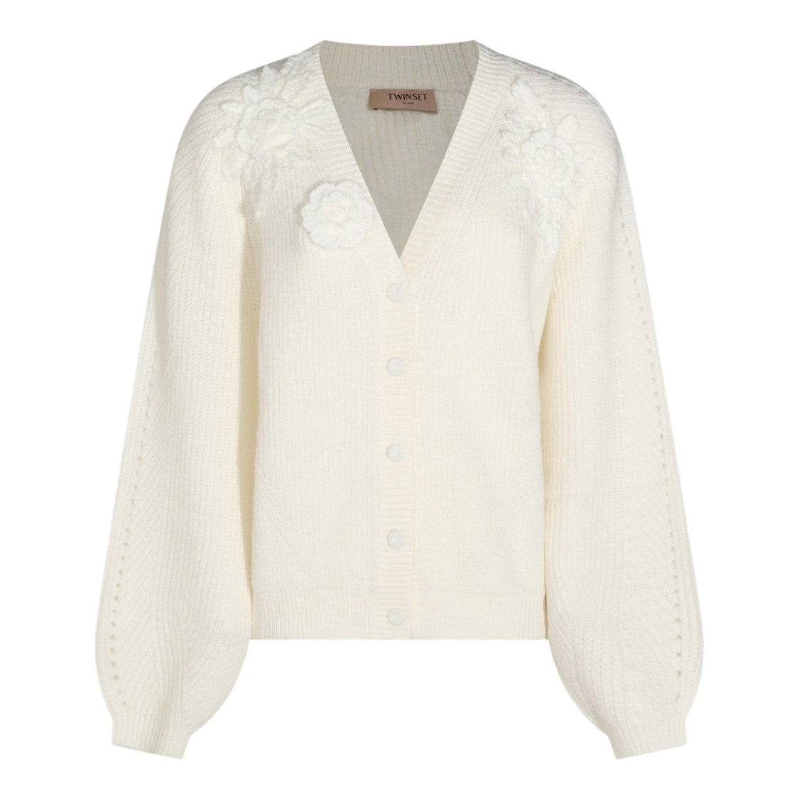 Twin-Set V-Neck Floral Appliqué Balloon Sleeve Sweater