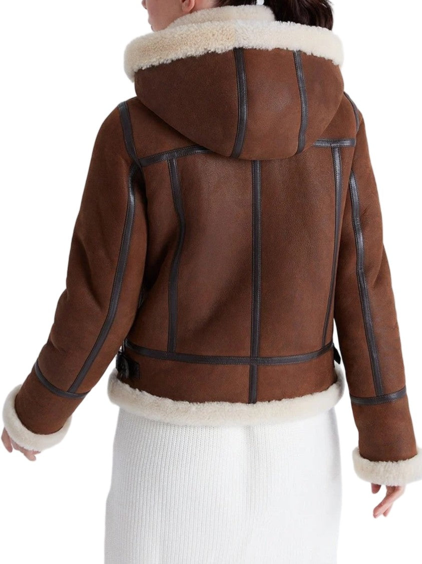 Bigardini Brown Shearling Jacket With Plush Cream Lining And Hood