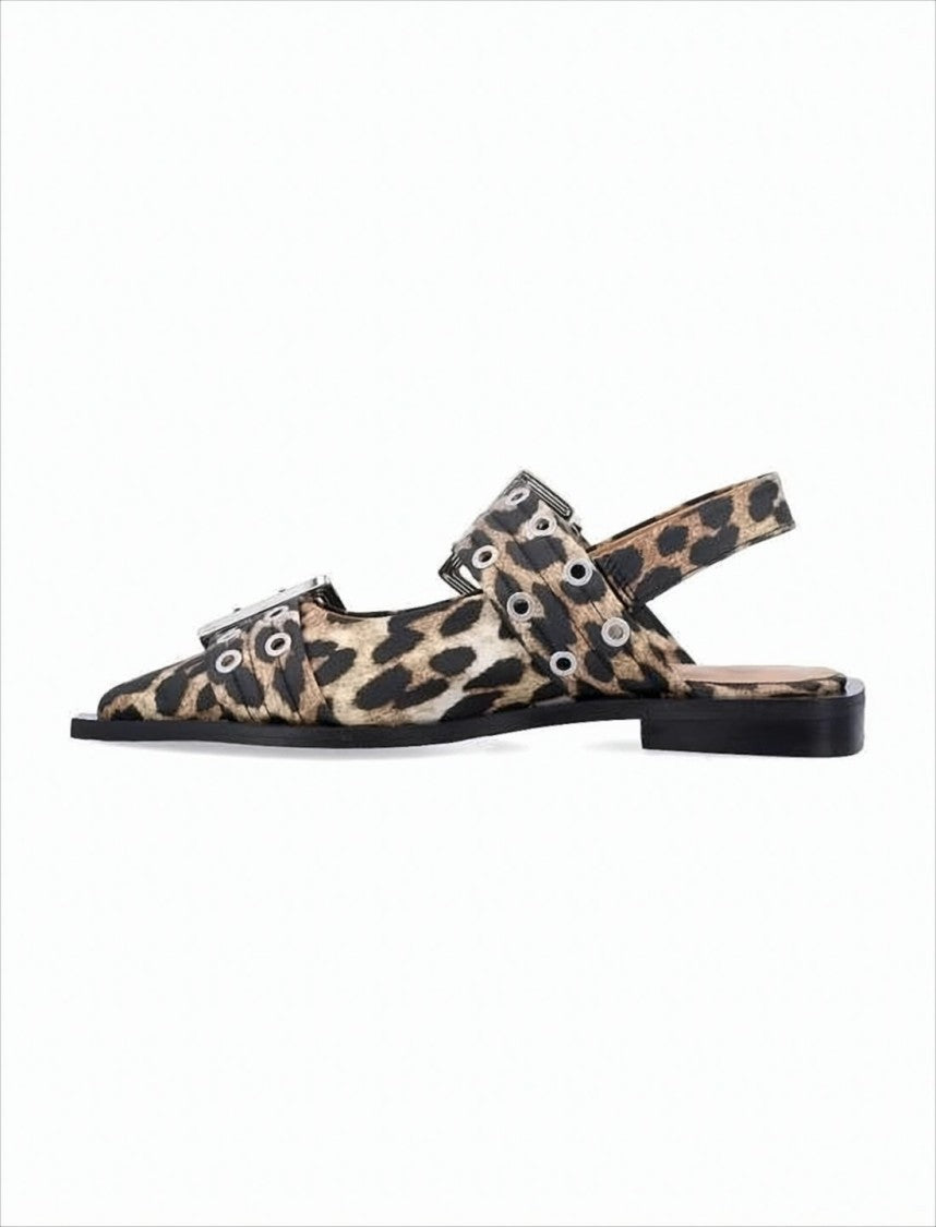 Ganni Pointed Toe Flat Shoes With Leopard Print And Silver-Tone Accents