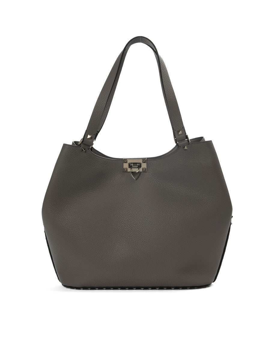 Valentino Grey Rockstud Medium Granulated Leather Tote Bag