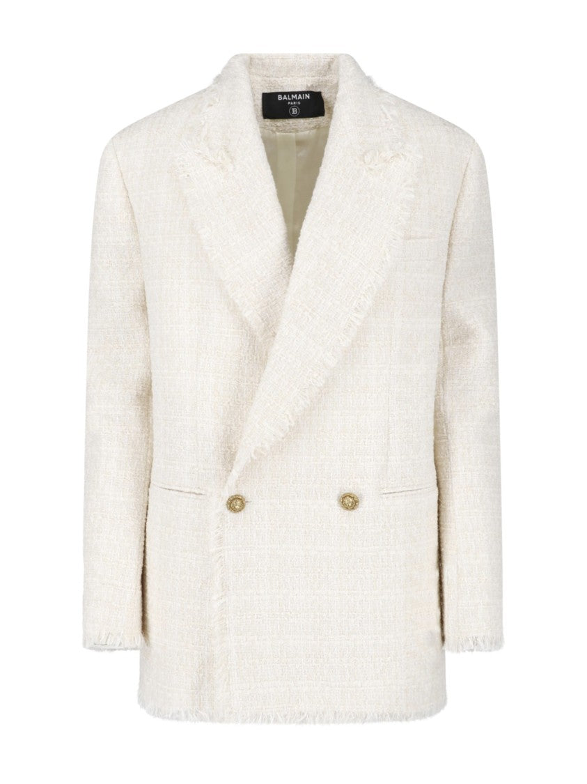 Balmain Cream Double-Breasted Tweed Gold-Tone Blazer