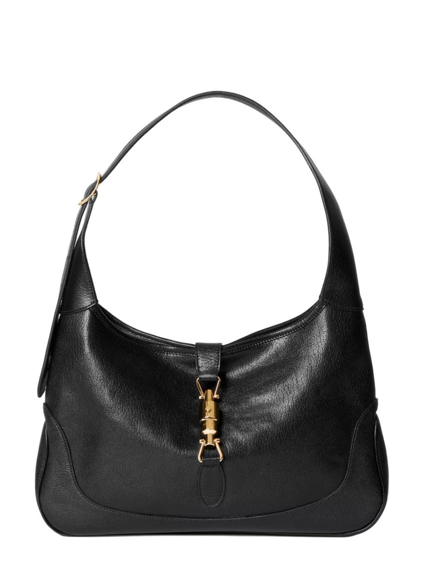 Gucci Curved Black Goat Leather Handbag With Gold-Tone Clasp