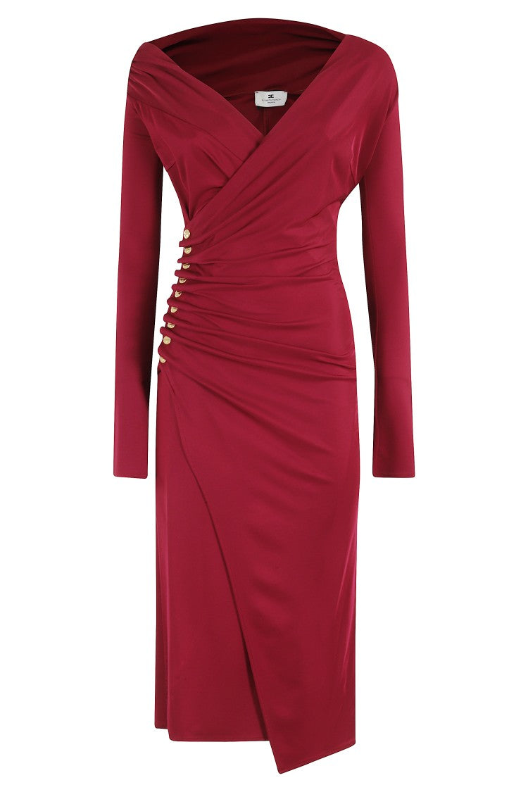 Elisabetta Franchi Draped Midi Dress With Jeweled Buttons