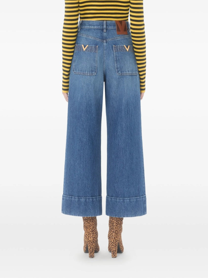 Valentino Medium Blue Wide-Leg Cuffed Denim Jeans