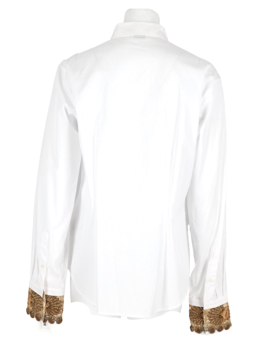 Dries Van Noten White Lace Cuffs Button-Up Cotton Shirt