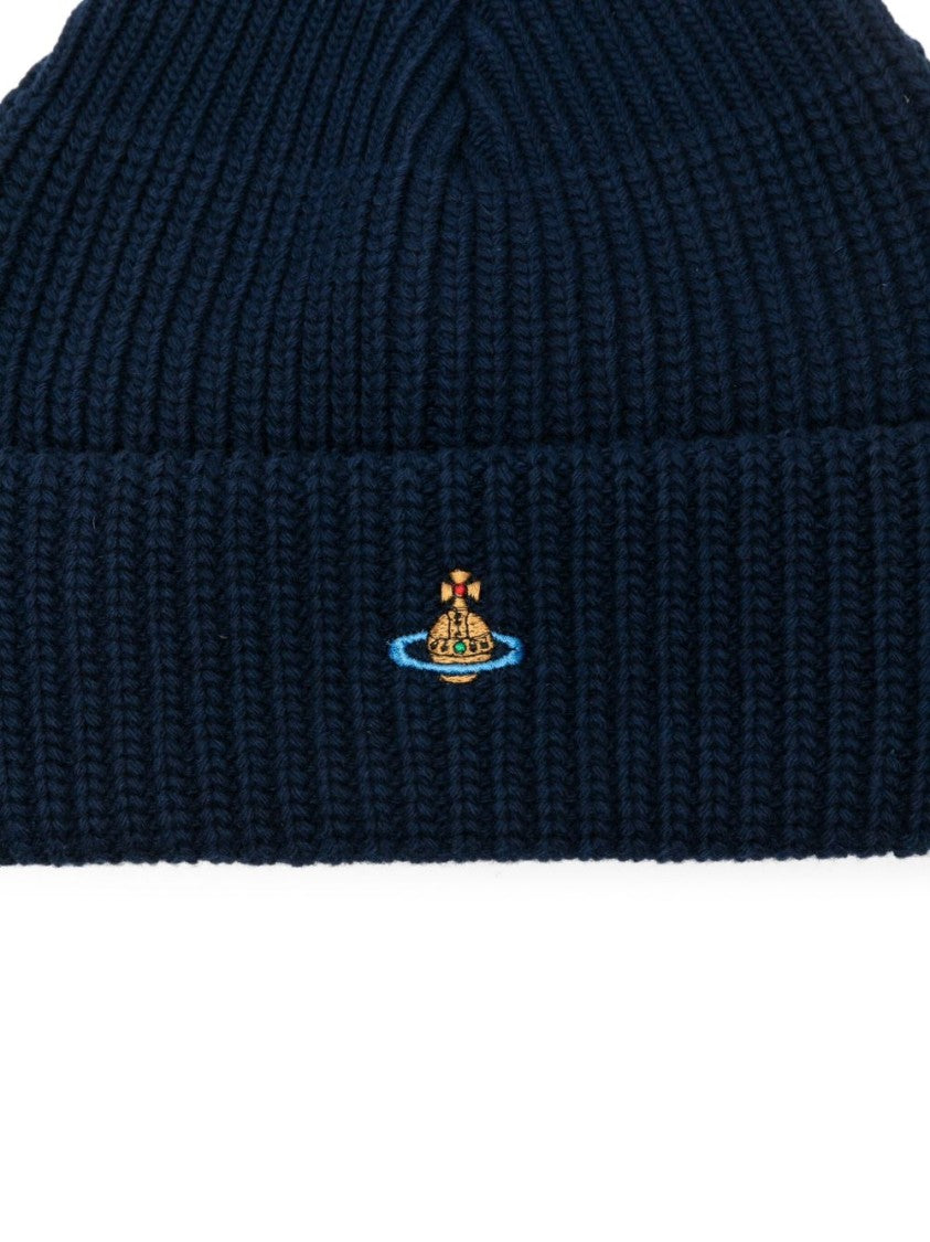 Vivienne Westwood Navy Blue Ribbed Knit Beanie With Orb Emblem