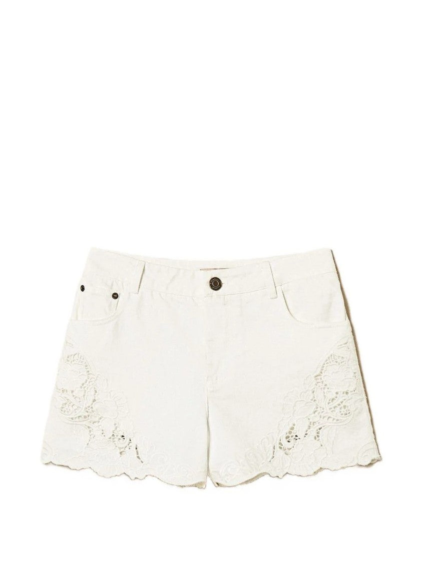 Twin-Set White Lace Cutout Scalloped Hem Shorts