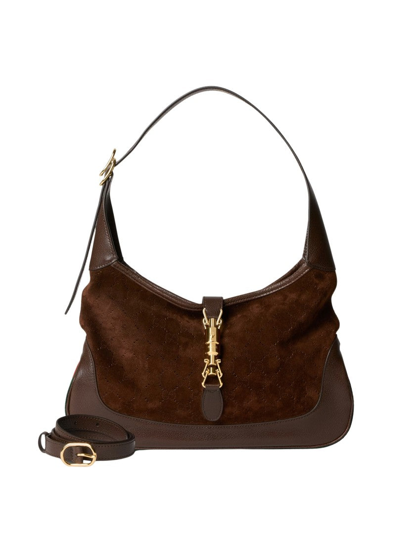 Gucci Perforated Suede Shoulder Bag With Signature Web Stripe