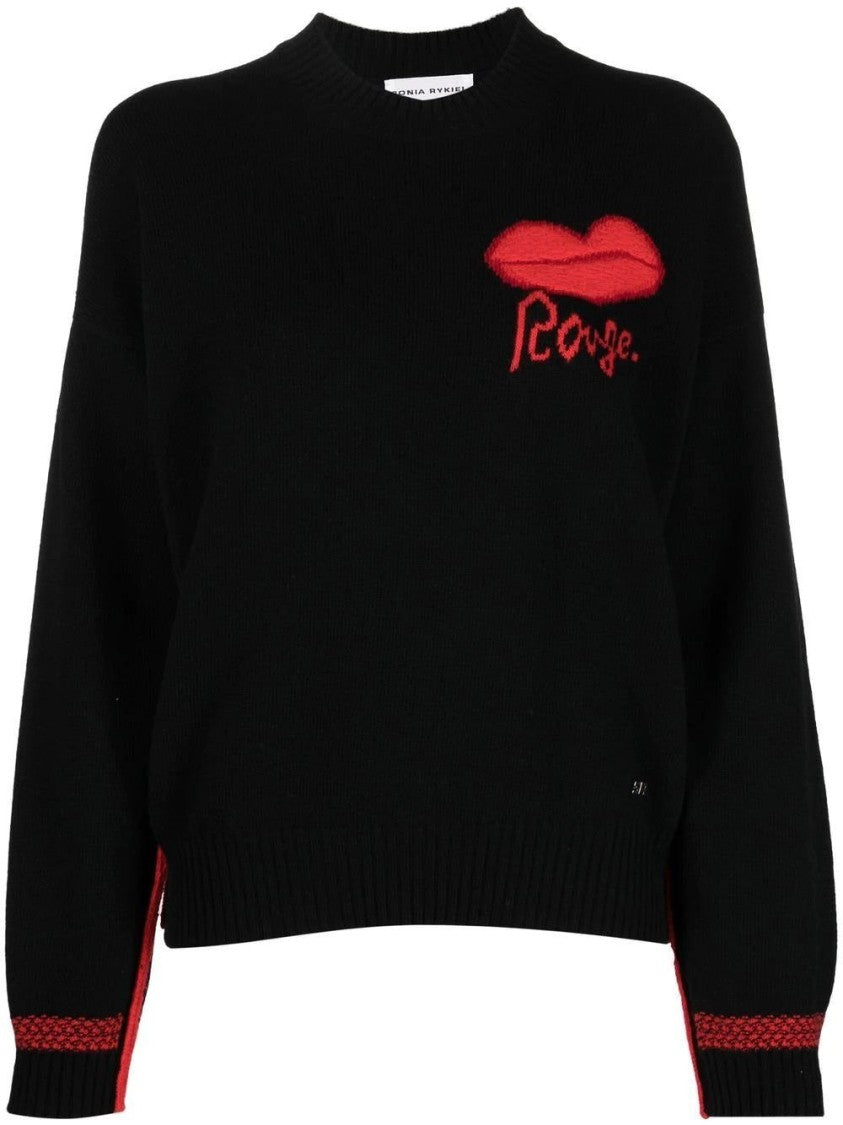 Sonia Rykiel Relaxed Fit Black Wool Sweater With Red Lip Embroidery