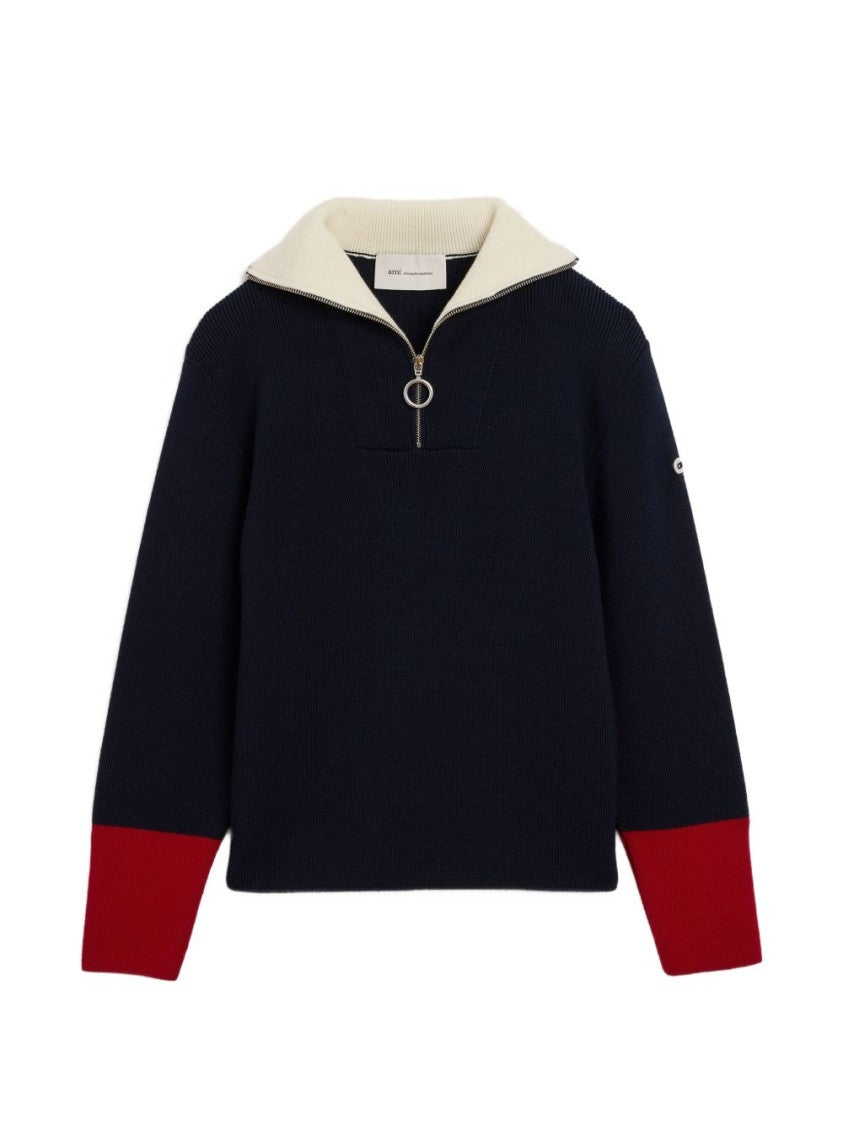 Ami Paris Navy Blue Ribbed Knit Sweater With Color-Block Design