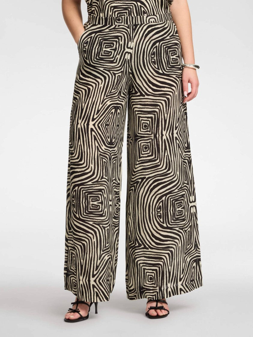 Elena Miro` Wide-Leg Black/Beige Abstract Swirl Pants