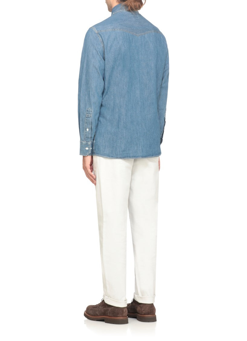 Brunello Cucinelli Medium Blue Denim-Textured Cotton Shirt