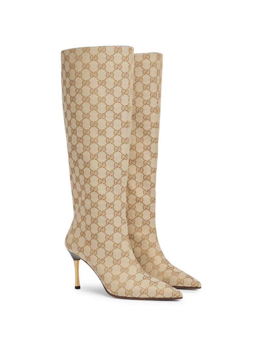 Gucci Sand Bombshell Gg Canvas Stiletto Boots