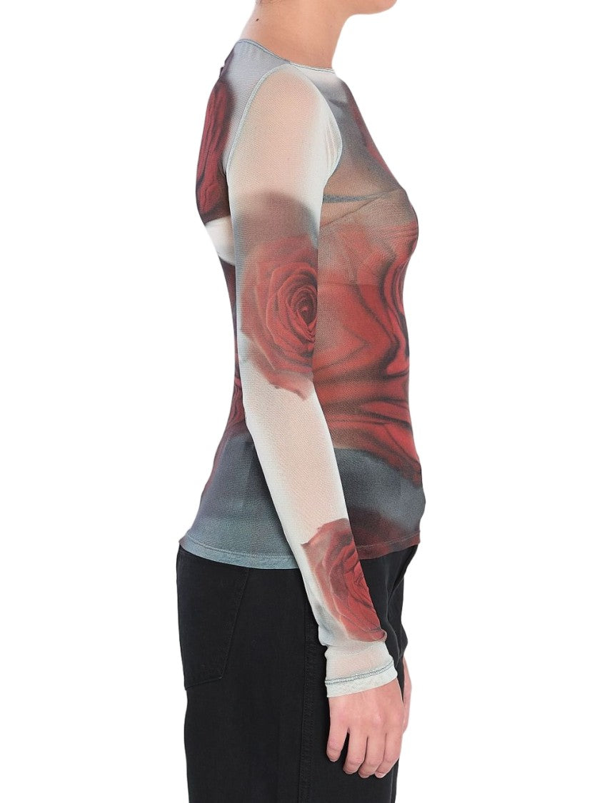 Jean Paul Gaultier White Red Rose Print Semi-Sheer Top