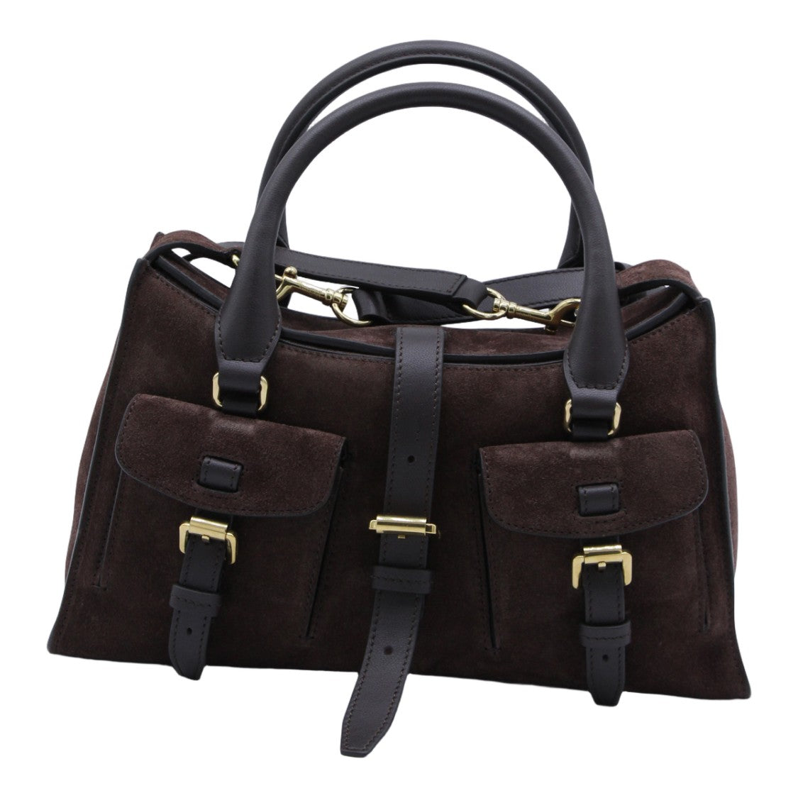 Mulberry Structured Brown Suede Handbag With Gold-Tone Accents