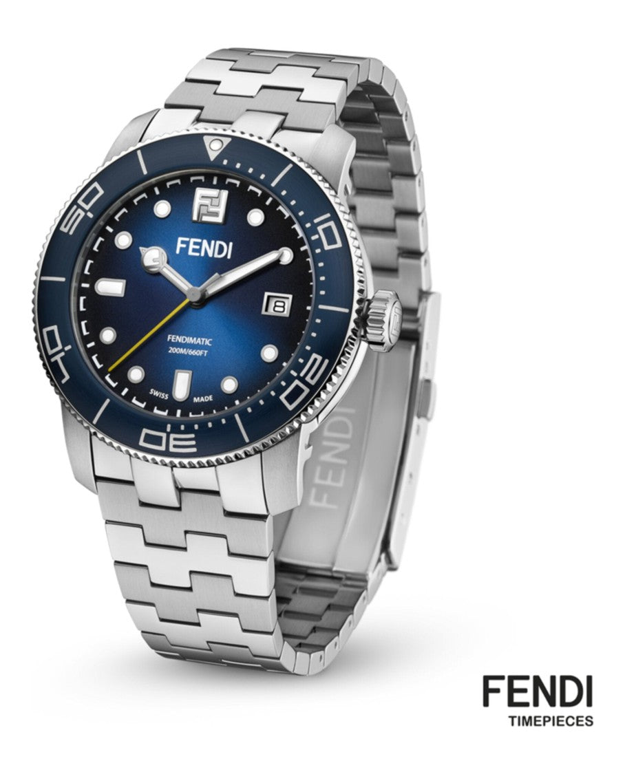 Fendi Swiss Made 42Mm Stainless Steel Diver Watch With Blue Opalin Dial