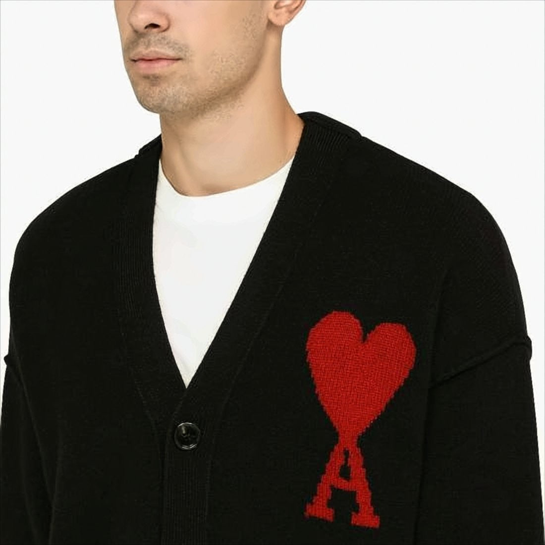 Ami Wool Cardigan With Deep V-Neckline And Heart Motif
