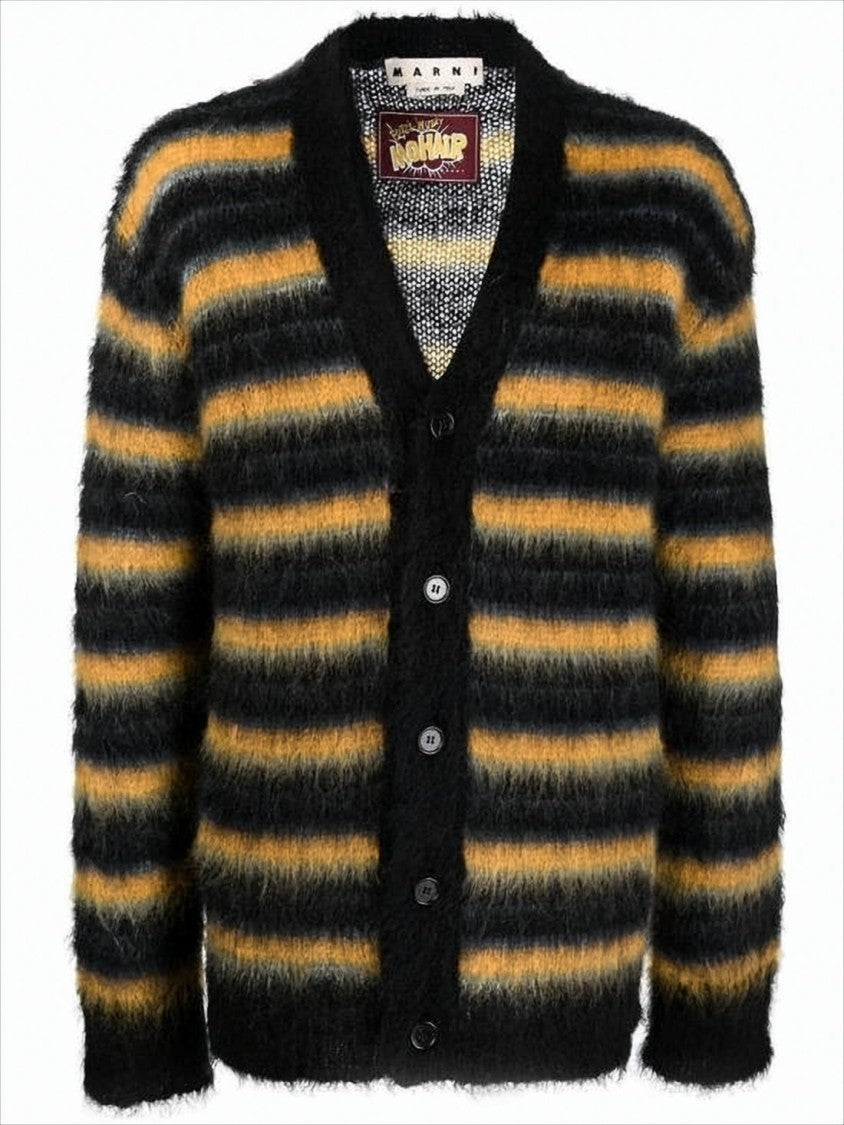 Marni Horizontal Striped Fuzzy Mohair Cardigan