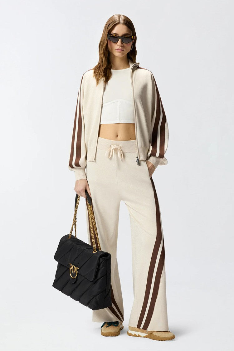 Pinko Beige Contrast Striped Sleeve Zip Viscose-Blend Zip-Through Knit