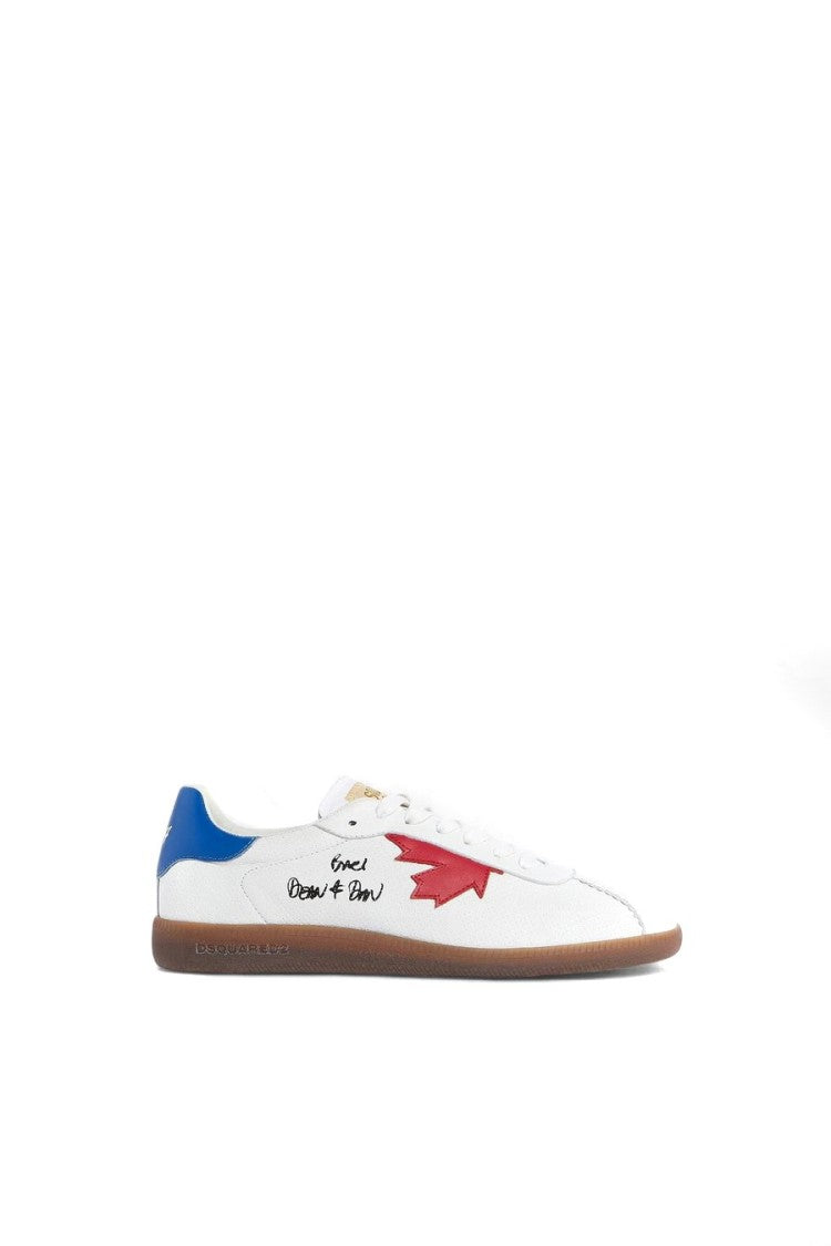 Dsquared2 White Embroidered Maple Leaf Motif Goatskin Sneakers
