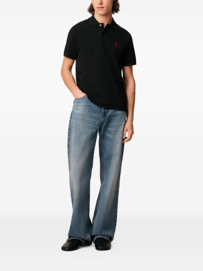 Ami Paris Black Organic Cotton Piqué Logo Polo