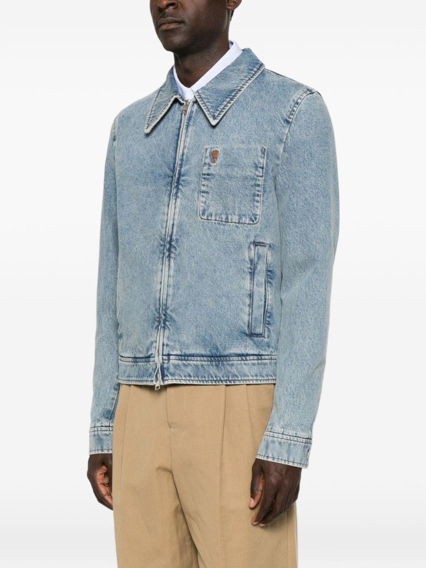 Ami Paris Classic Denim Jacket With Pointed Collar And Emblem