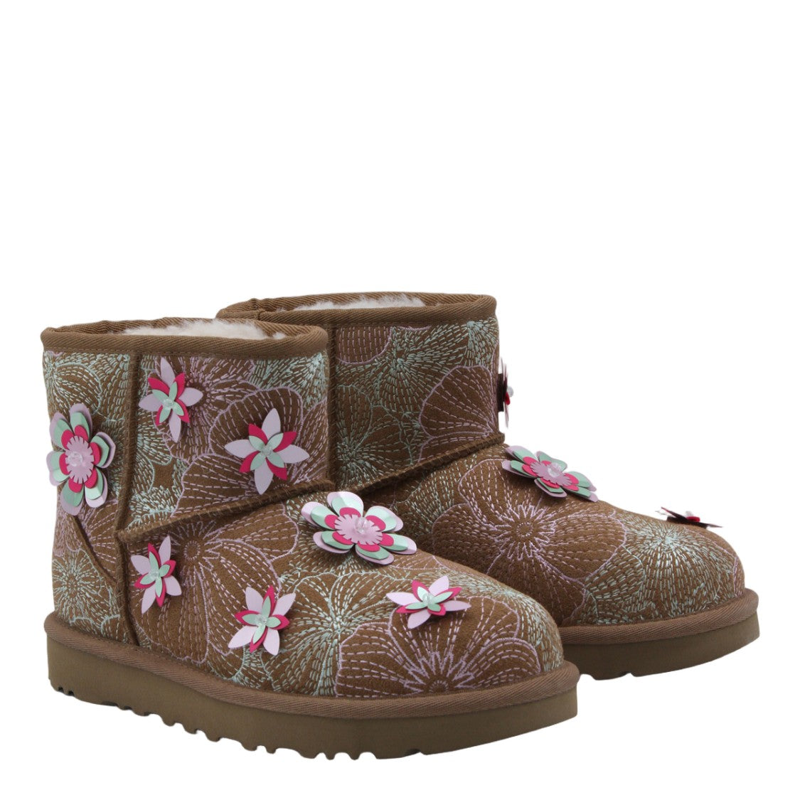 Ugg Textured Brown Ankle Boots With Floral Appliqués