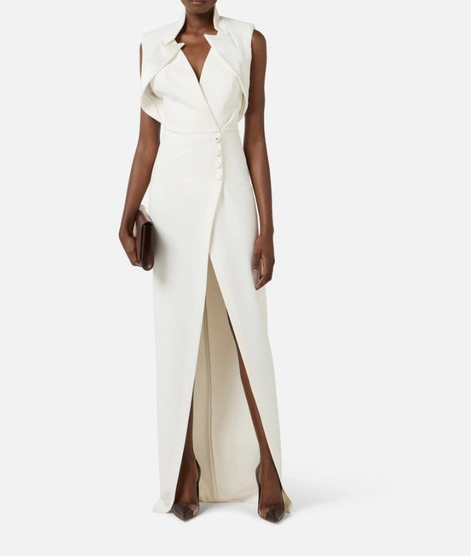 Elisabetta Franchi Lightweight Crepe Evening Dress With Inverted Satin Lapels