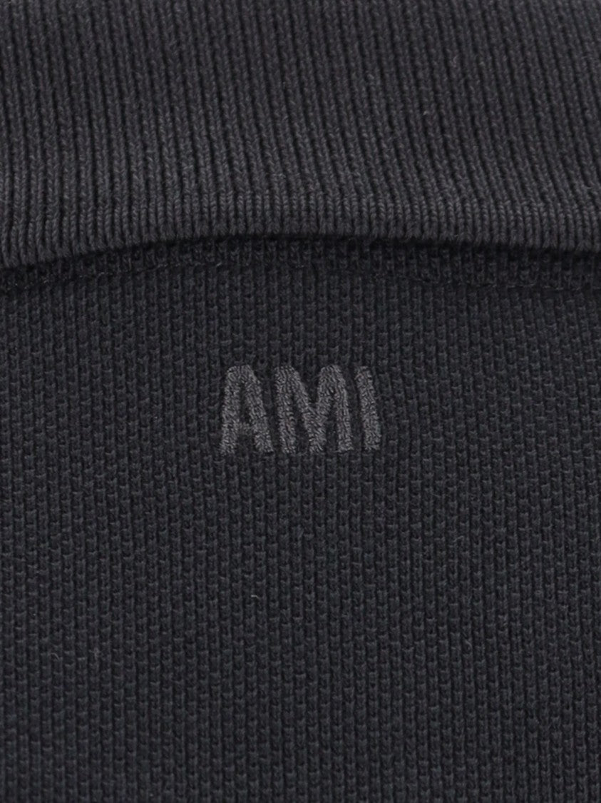 Ami Paris Ami De Coeur Embroidered Black Cotton Polo Shirt