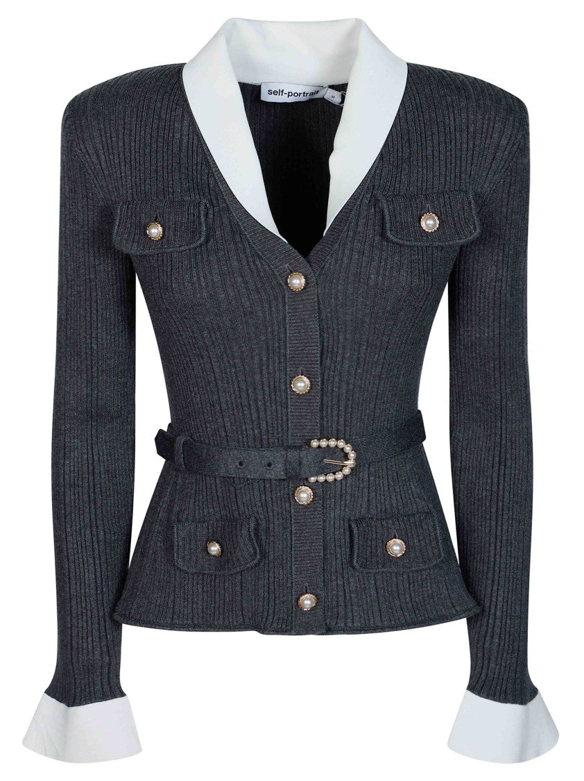 Self-Portrait Grey Peplum Ribbed Knit Cardigan