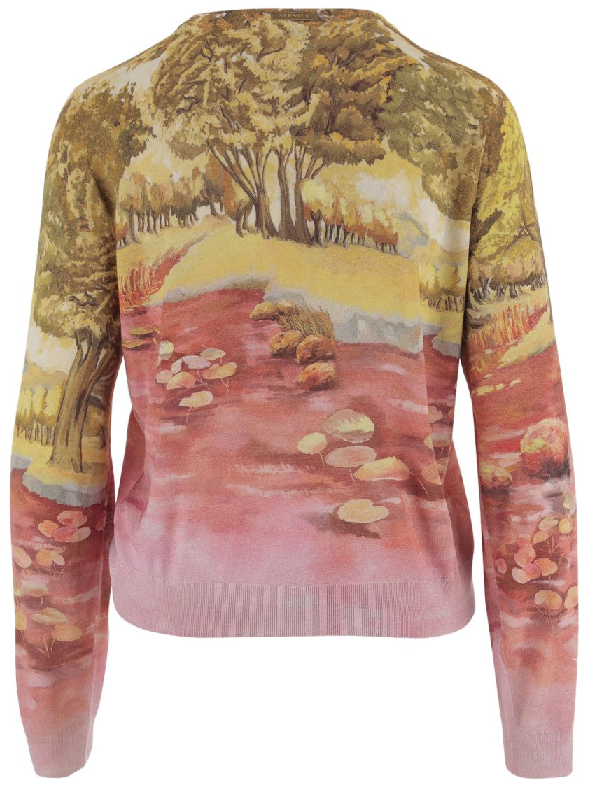 Versace Naturist Print Silk Cardigan With V-Neck