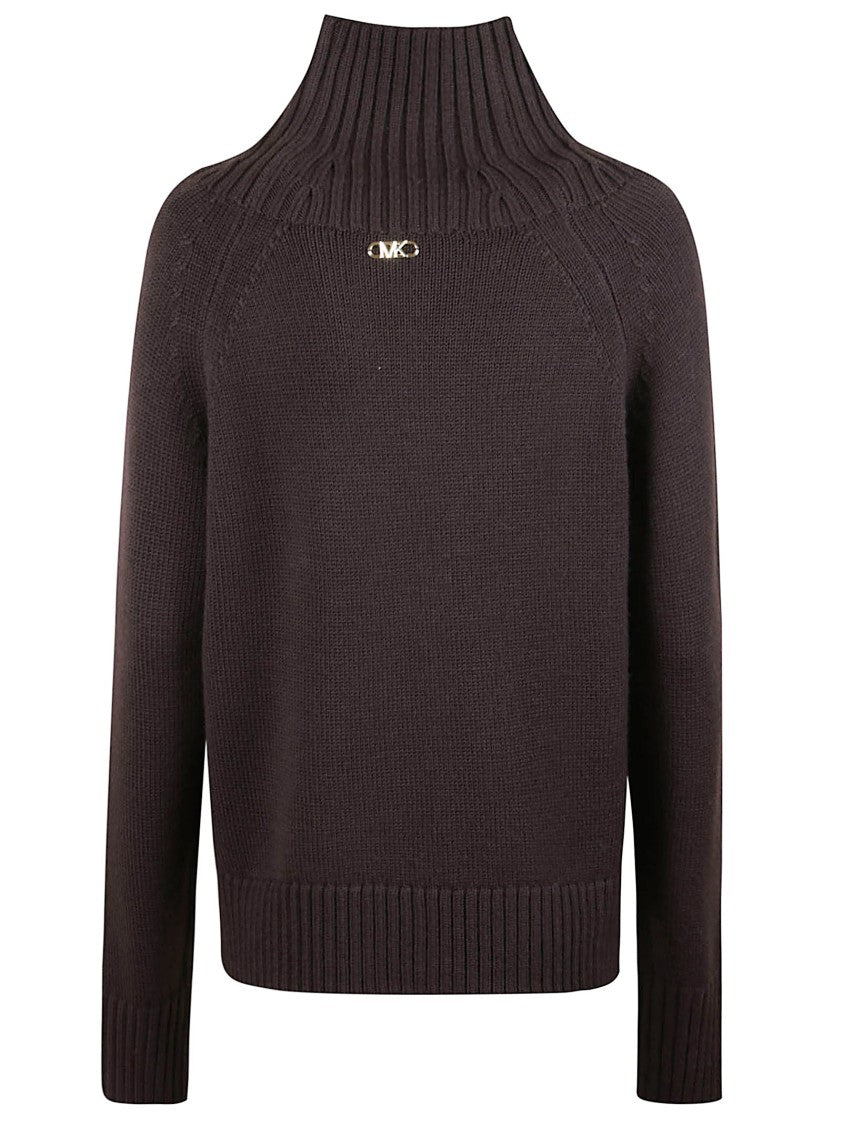Michael Kors Camel Wool Turtleneck Sweater With Ribbed Details