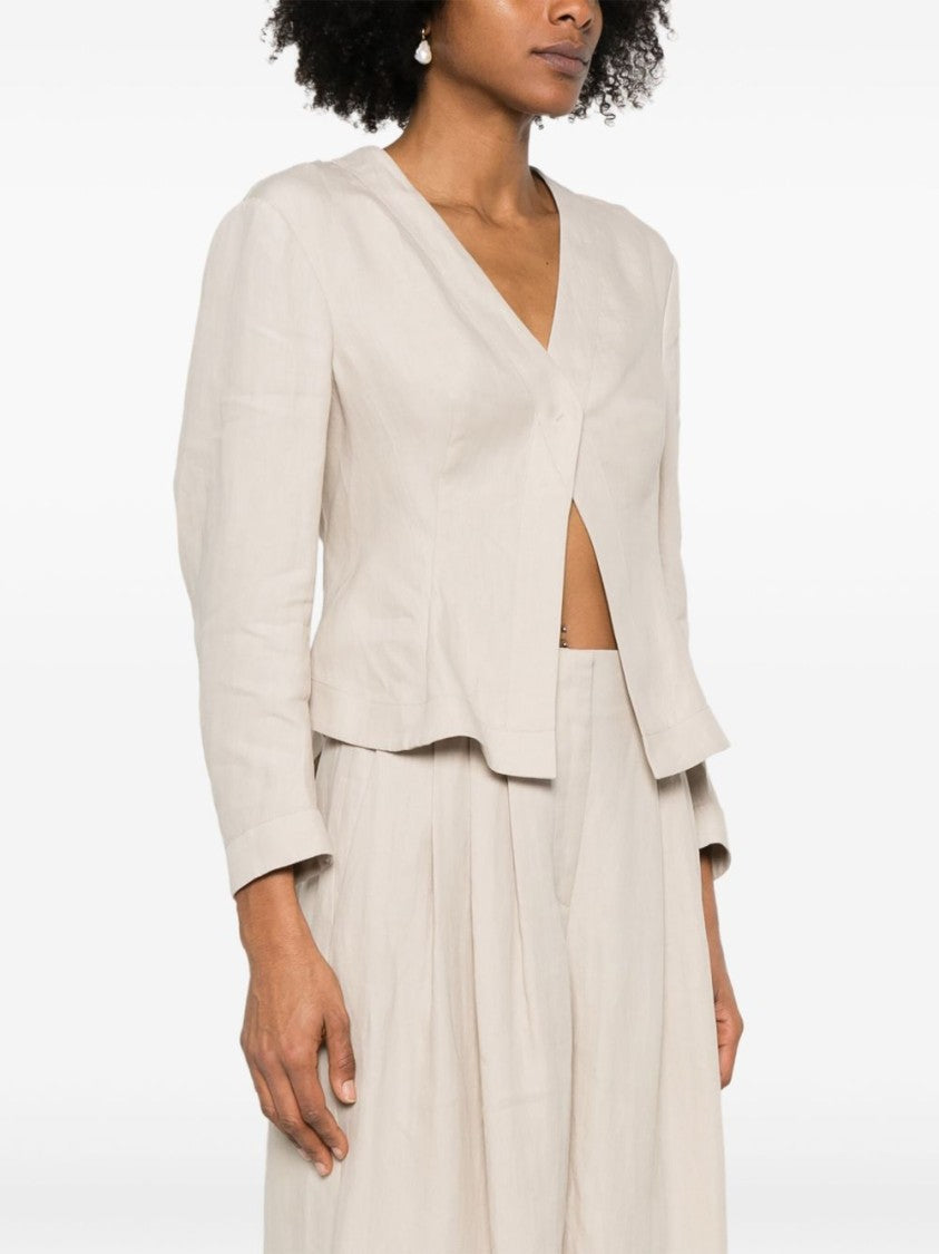 Giorgio Armani Cropped Sand Beige Jacket With Concealed Fastening And Rear Vent