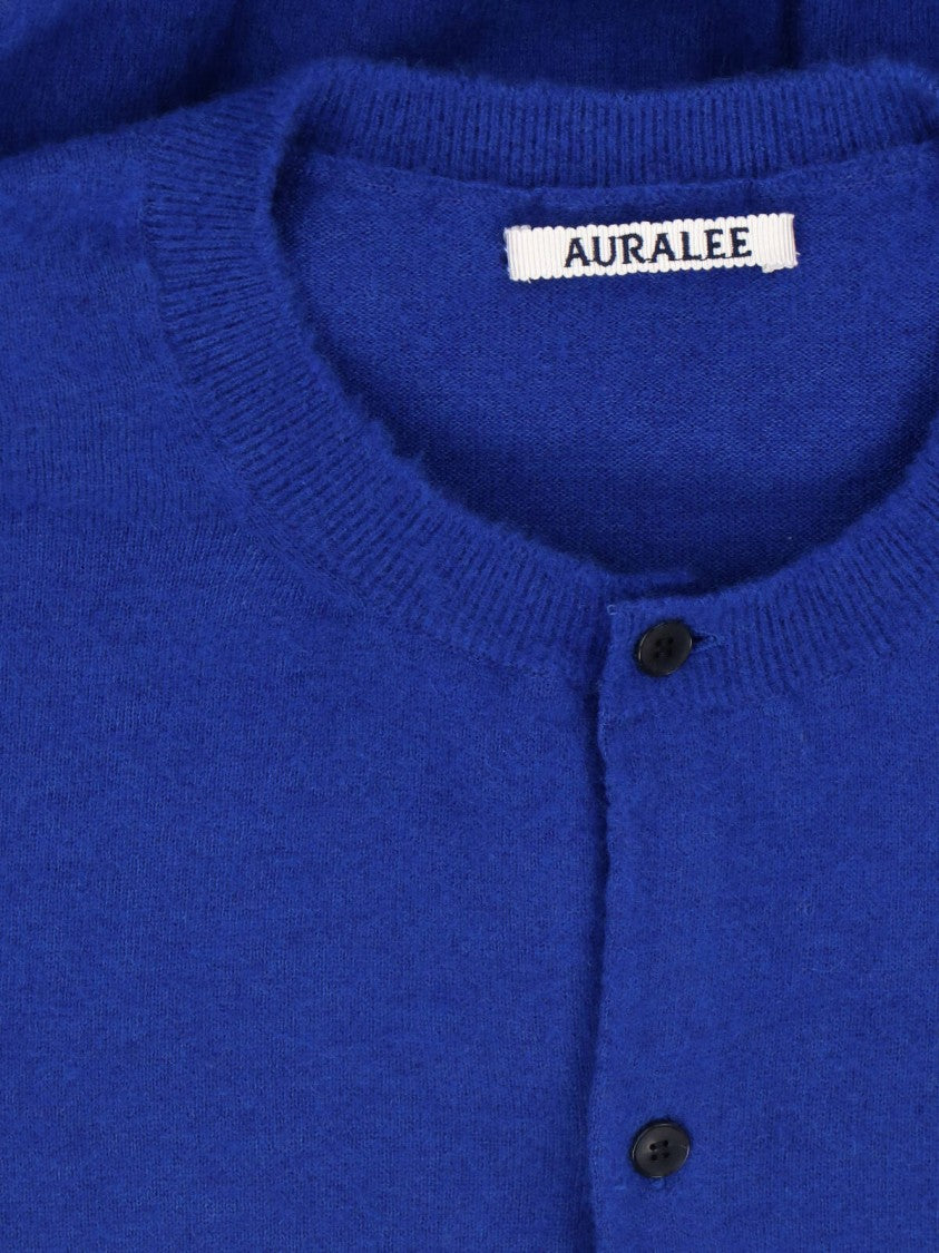 Auralee Crew Neck Cardigan In Cashmere Blend With Button Closure