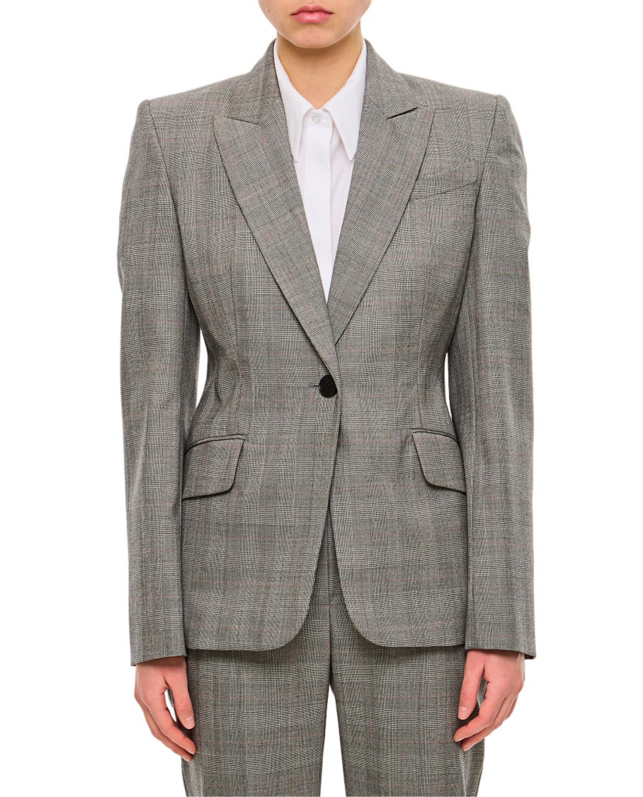 Alexander Mcqueen Single-Breasted Slim Fit Blazer With Padded Shoulders And Multicolor Check Pattern