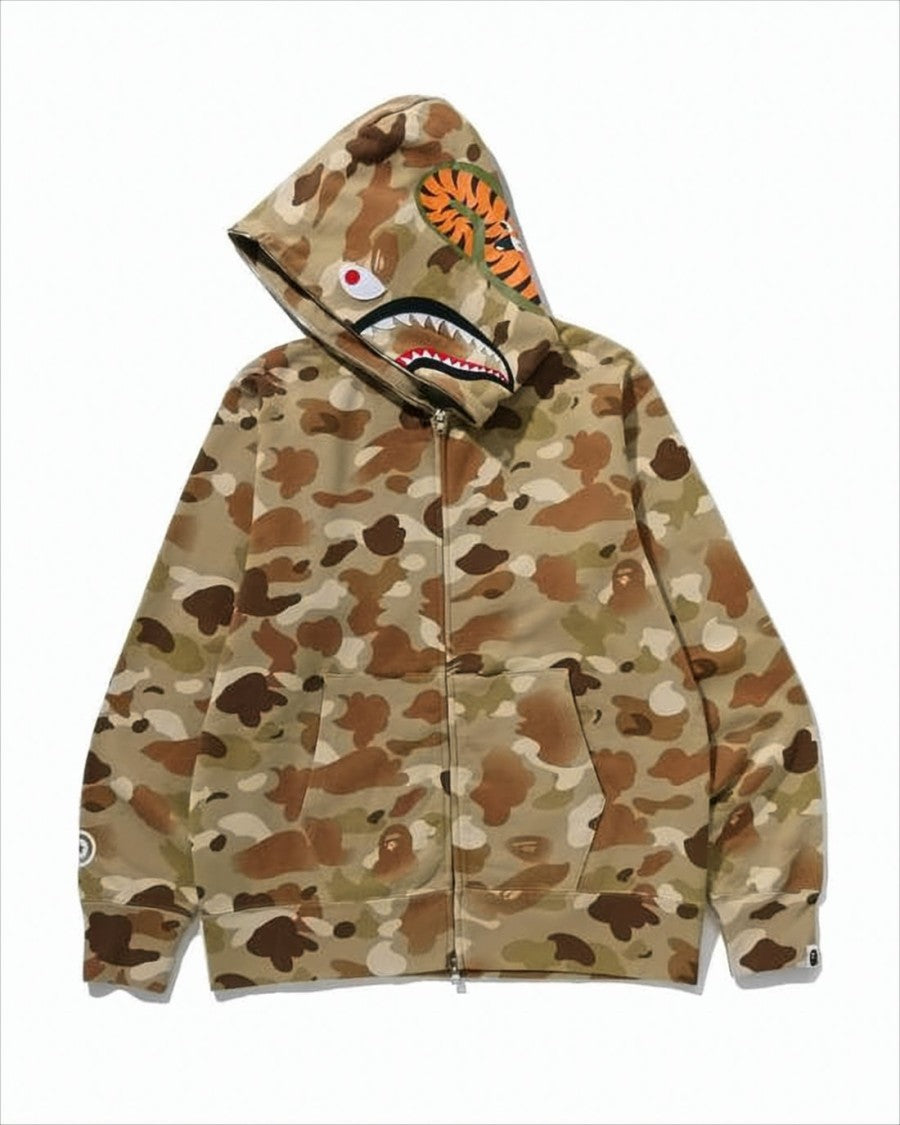 Bape Camouflage Zip-Up Hoodie With Vibrant Shark Embroidery