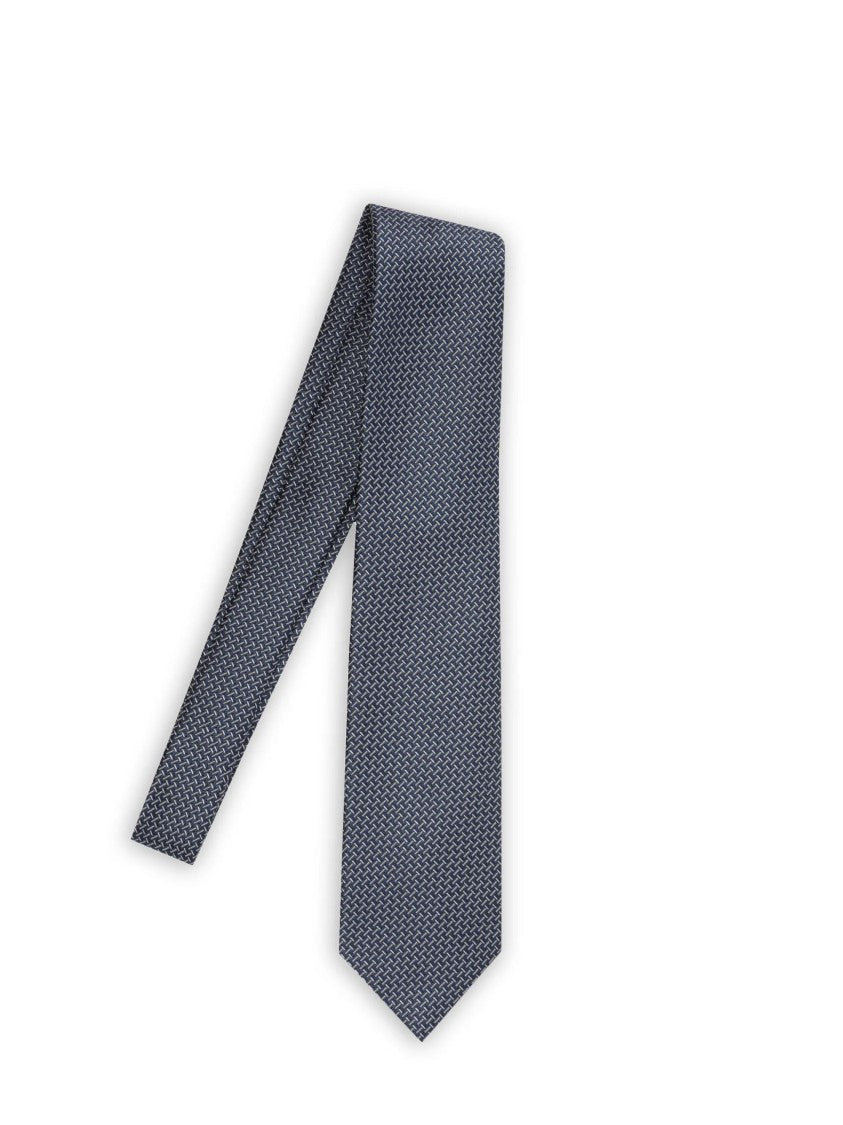 Tom Ford Geometric Pattern Silk Tie In Deep Blue And Grey