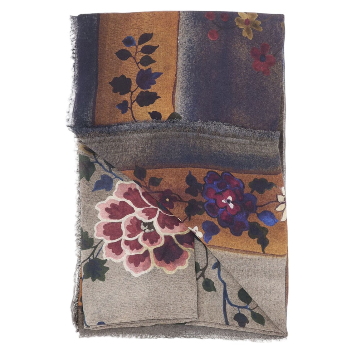 Faliero Sarti Rectangular Cashmere Scarf With Floral Pattern And Fringed Edges