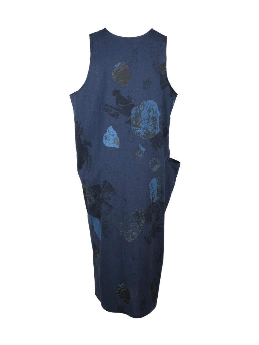 Yohji Yamamoto Blue Asymmetrical Floral Linen-Blend Dress